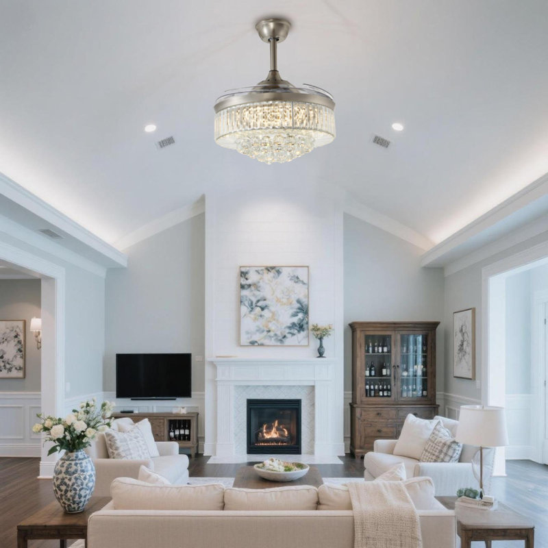 42 Inch - Silver Crystal Fan Chandelier - Remote Control / Dimmable / Variable Speed - Suitable For Living Room And Any Room