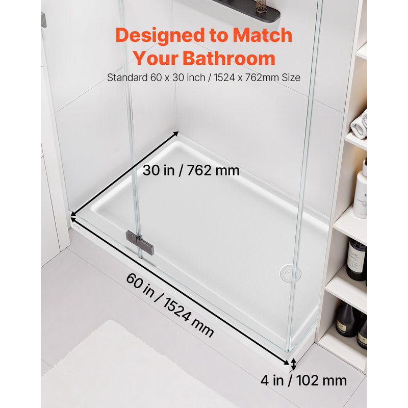 Shower Pan, 60″ L X 30″ W Single Threshold Shower Base, Rectangle Acrylic And PVC Showering Base In White, Slip-Resistant Showering Pan Bases With Drain And Cover For Bathroom, Right Drain Location
