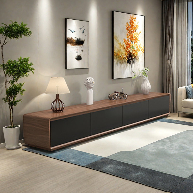 Meuble télé multi-tiroirs avec base pleine, H 9,84 po x L 110,23 po x l 15,74 po, Noir / brun clair