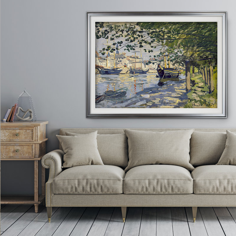 «La seine à Rouen», reproduction de peinture à l'huile, Cadre noir, Blanc mat, H 20 po x l 24 po x P 1,5 po