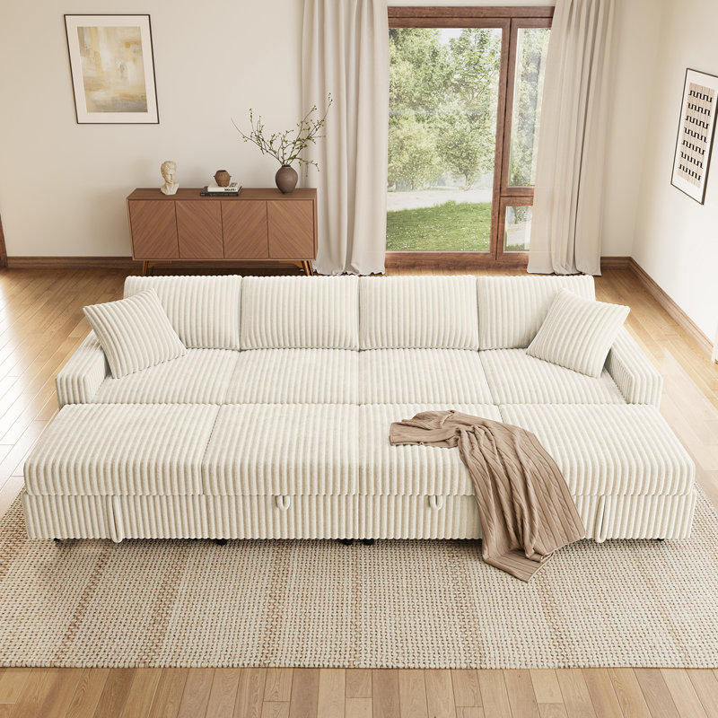 Brunella Corduroy Sleeper Sectional Upholstered Sofa Bed With Storage Space, White Corduroy