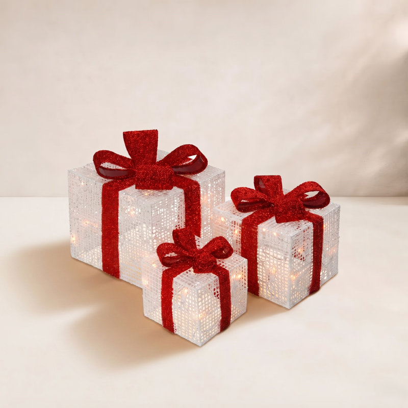Assortiment de boîtes-cadeaux avec fils pré-éclairés, 3 pièces, Blanc / rouge