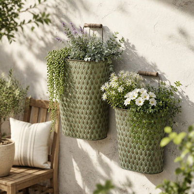 Set of 2 Textured Iron Hanging Planters with Arched Handles