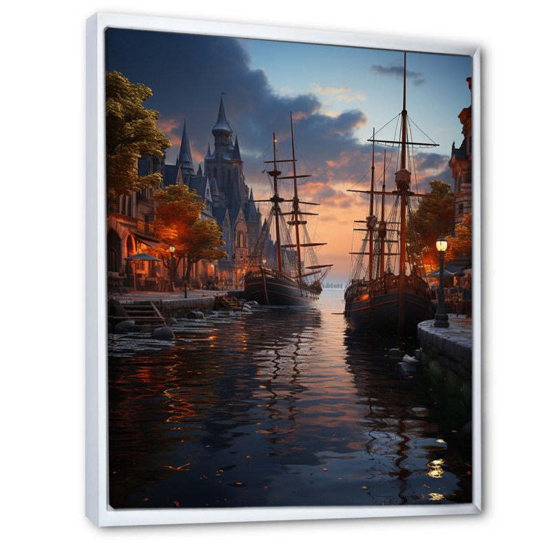 Helden, Allemagne, vue sur le port, H 40 po x l 30 po x P 1,5 po, Cadre flottant blanc