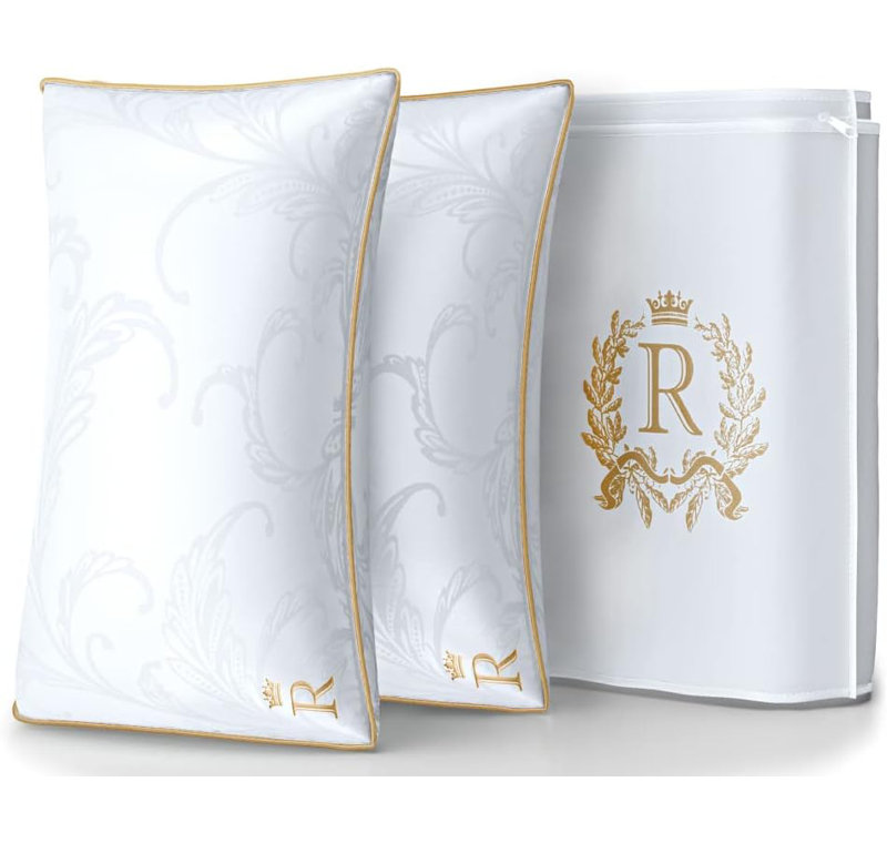 Pillows King Size Set Of 2 - Pillows, Side Sleeper Pillow - Adjustable Alternative Down Pillow, Bed Pillows, Sophisticated Design & Gold Piping