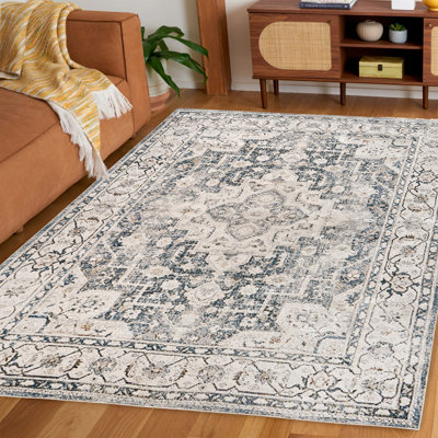 Tapis lavable pliable à bordure florale - bleu clair