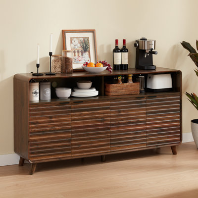 63" Curved-Edge 4-Door Sideboard With Two Compartments And Grooved Trim Finish For Dinning, Kitchen