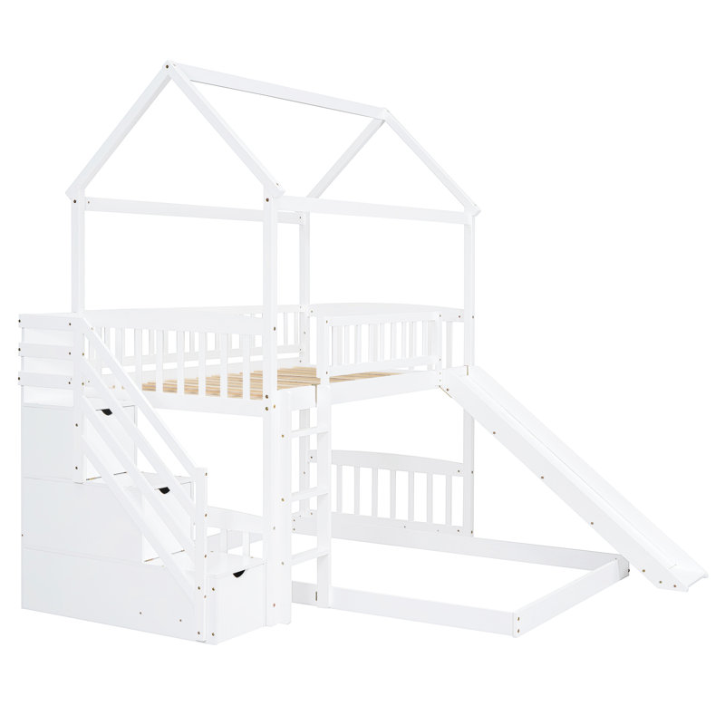 Lit de maison avec glissade - Simple au-dessus de simple, Blanc, Cadre de lit superposé confortable, Blanc, Blanc