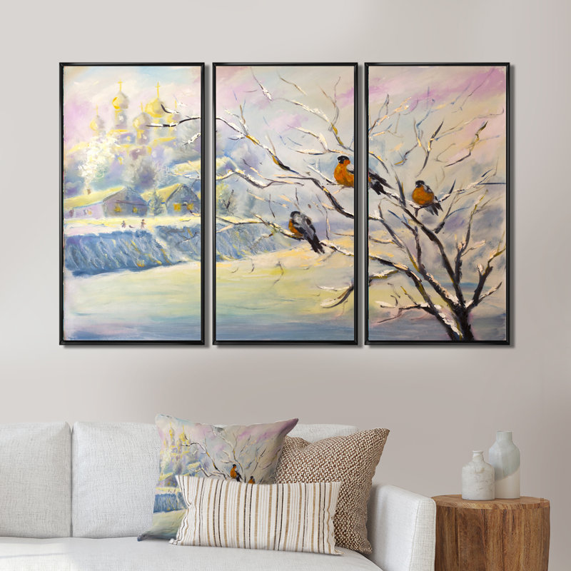 Rustic Birds On A Tree In Winter Village - peinture sur toile flottante 3 pièces, L 36 po x H 20 po, Cadre noir