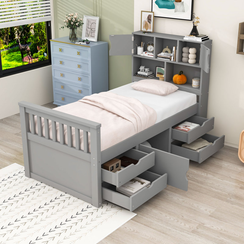 Lit plateforme 4 tiroirs avec tête de lit, tablettes et pied de lit, Gris