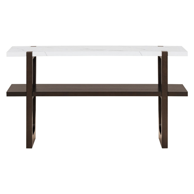 Espresso Wood Console Table with Marble-Effect Top and Storage Shelf
