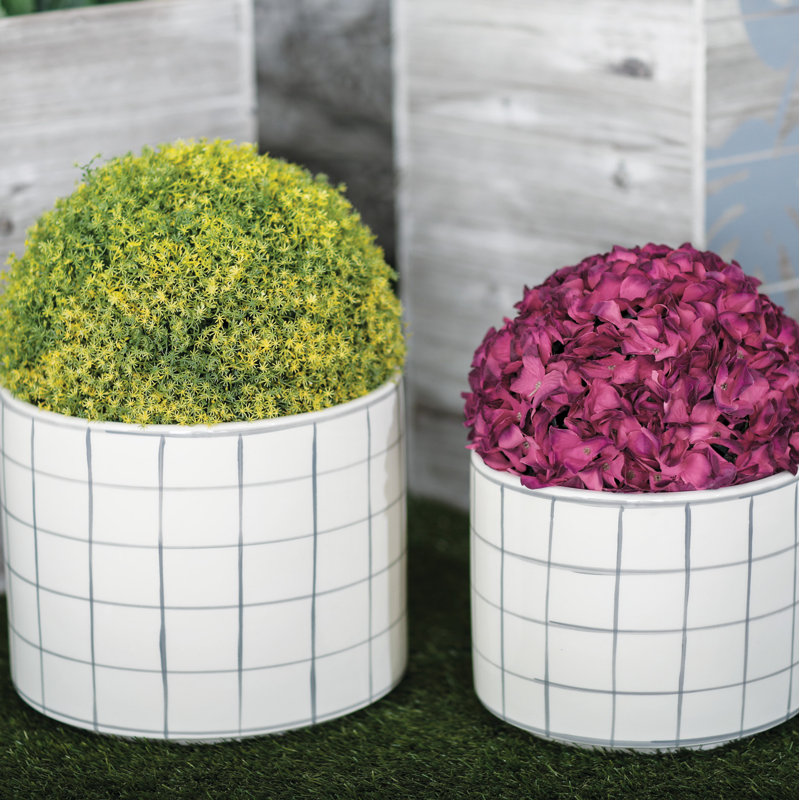 Ensemble de 3 pots de fleurs d'intérieur en céramique blanche à motif quadrillé, Blanc / Gris