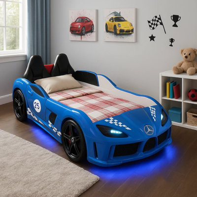Lit voiture simple avec télécommande DEL, revêtement en similicuir, bleu