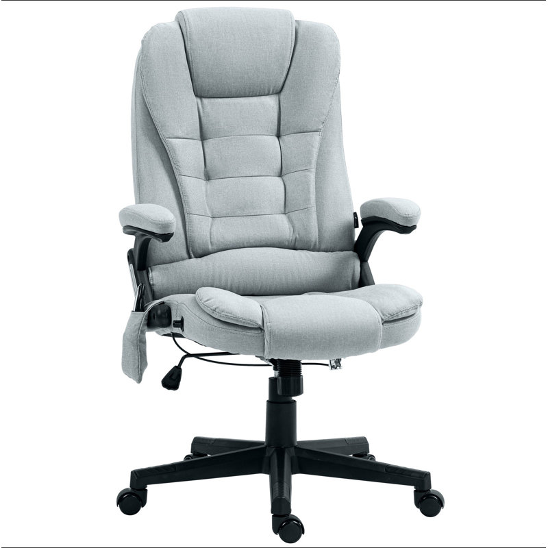 Fauteuil de bureau à 6 points de massage vibrant avec chaleur, fauteuil de bureau à dossier haut en lin avec dossier inclinable, accoudoirs rembourrés et télécommande