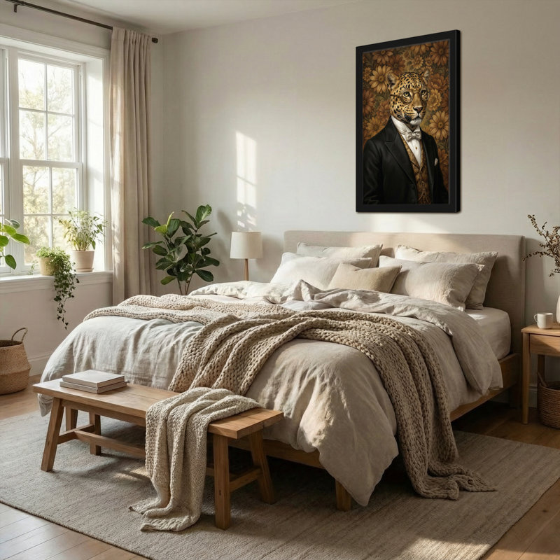 Animaux léopard en costume avec fond floral, H 18 po x l 12 po