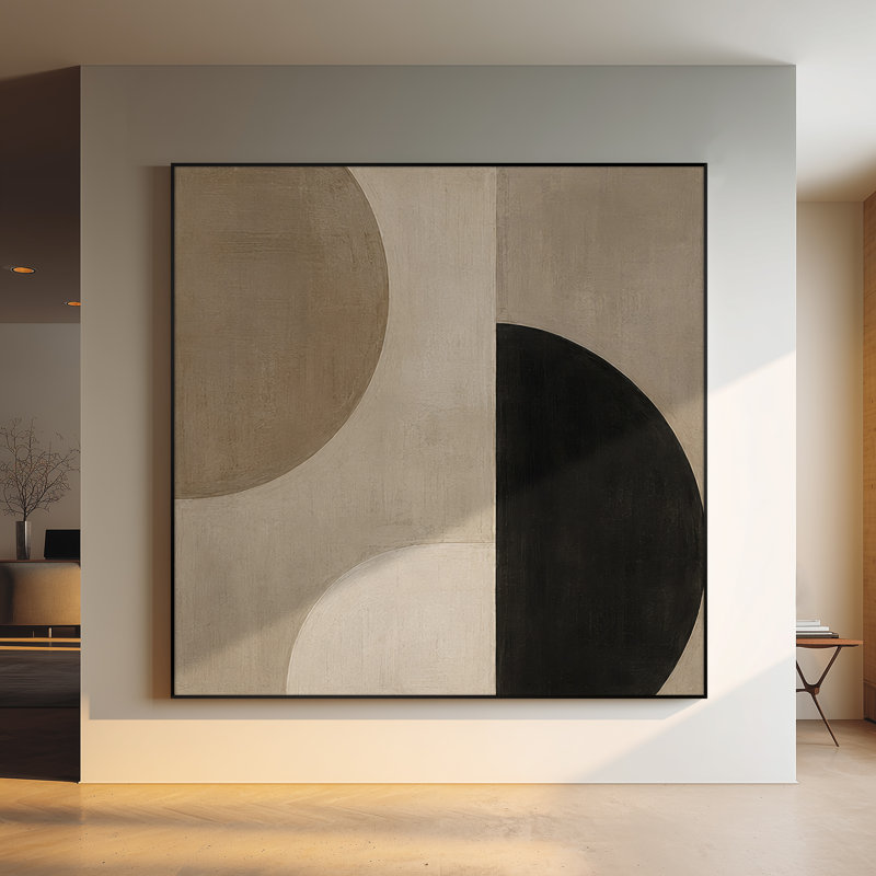 Impression sur tissu grand format - Motif géométrique abstrait minimaliste en demi-cercle beige et noir pour salon ou chambre « Assemblage du cadre requis (cadre non fini) »