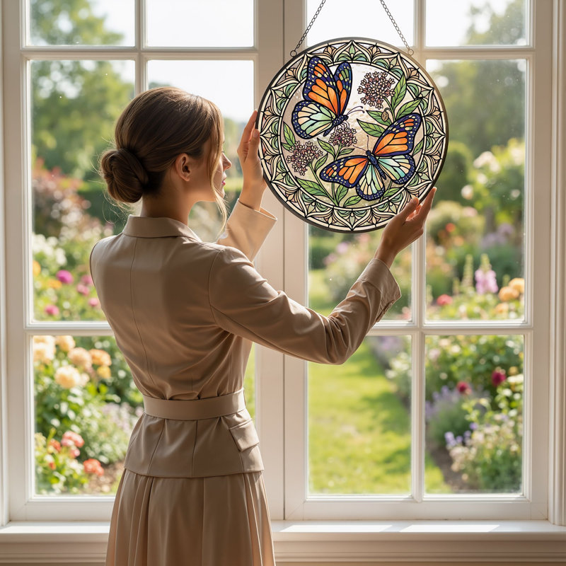 Panneau de vitrail floral papillon H 12 po, H 12 po