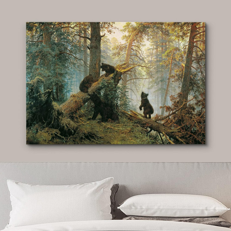 Morning in Pine Forest Canvas Art with Black Bears