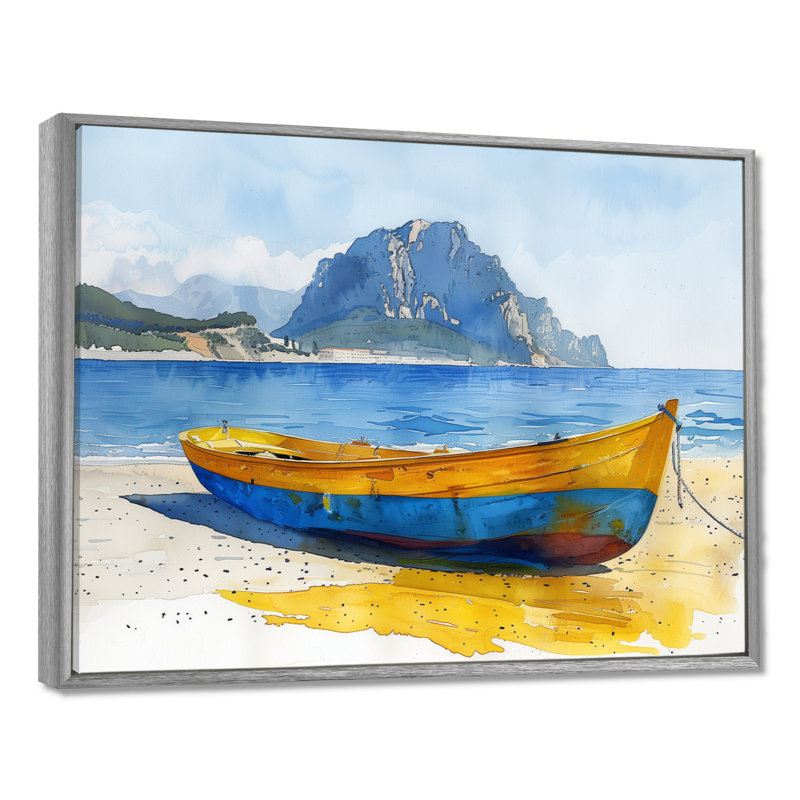 Bateau italien : la tranquillité au bord de la mer - Affiche murale de plage, Encadrement argenté, H 16 po x l 32 po x P 1 po