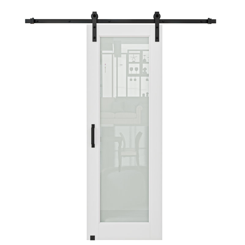 Frosted Glass and Manufactured Wood White Sliding Barn Door with Installation Hardware Kit(No Assembly Required), 32" x 80"