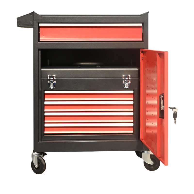 Coffre à outils 5 tiroirs à grande capacité avec armoire et rangement à roulettes noir et rouge pour atelier, Noir / Rouge