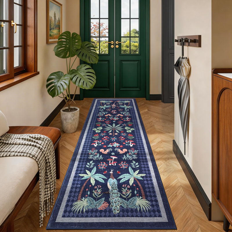 Jungle 2x6 Kitchen Runner Rug, Washable Animal Print Soft Non Slip Hallway Runner Tropical Botanical Thin Peacock Monkey Floor Rugs