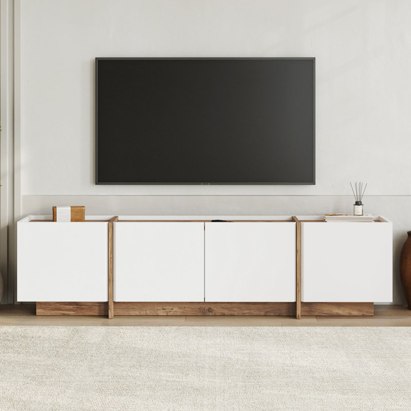 Modern TV Stand with Soft-Close Hinges, White & Atlantic Pine Finish, 70.9 x 18.1 x 13.8 inches | 100% Melamine Coated Particle Board, Thickness: 0.7 inches | Stylish & Functional Design for Living Room & Entertainment Spaces