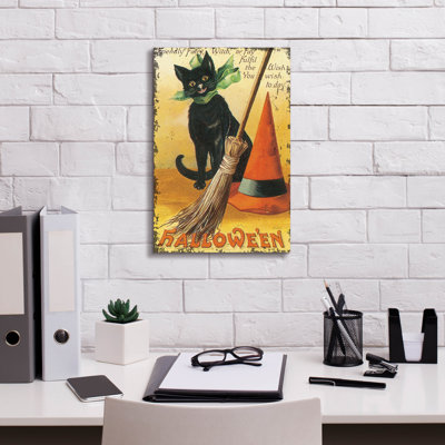 «The Holiday Aisle®» Halloween Nostalgia Cat With Broom »par Katie pertiet, art mural sur toile