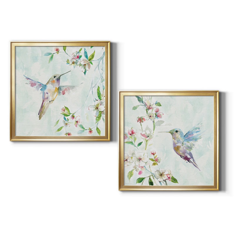 Colibri I - peinture encadrée sur papier, Papier encadré doré, Pas de tapis, H 34,5 po x l 69 po x P 1,5 po