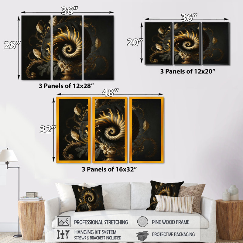 A Black and Gold Spiral Flower I - 3 pièces, reproduction sur toile, H 32 po x l 48 po x P 1 po, Or