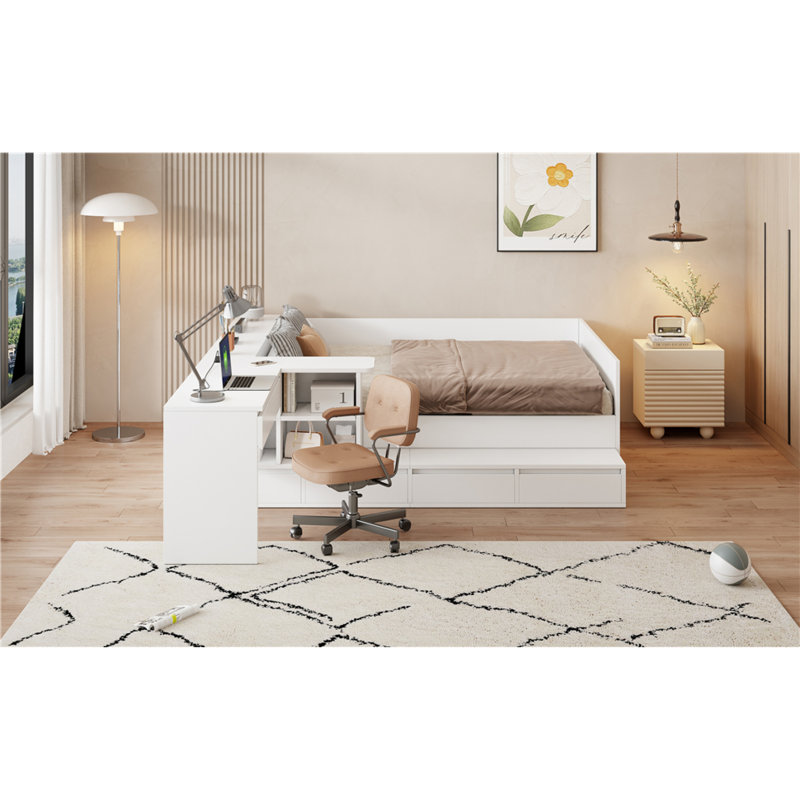 Lit double multifonctionnel avec rangement et bureau de chambre moderne en bois