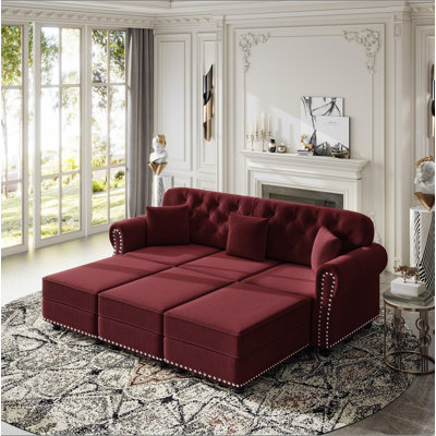 Canapé Chesterfield 82,6 po rembourré en velours avec garniture cloutée et accoudoirs roulés, canapé de style Mid-Century moderne capitonné avec boutons