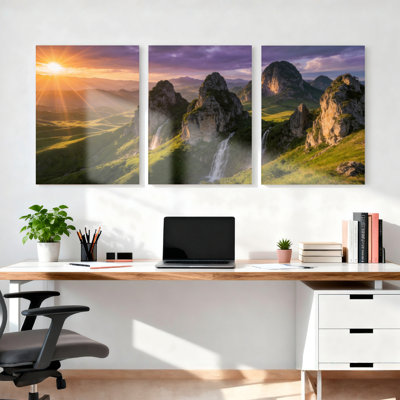 Paysage de montagne coucher de soleil sur toile tendue, reproduction d'art sur toile, ensemble de 3