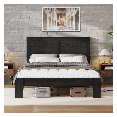 Structure de lit plateforme double avec lattes de bois et rangement sous le lit, noir