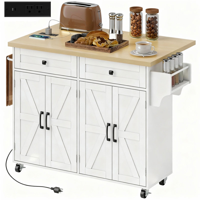 Îlot de cuisine avec station de rangement et de charge, chariot de cuisine roulant, Blanc