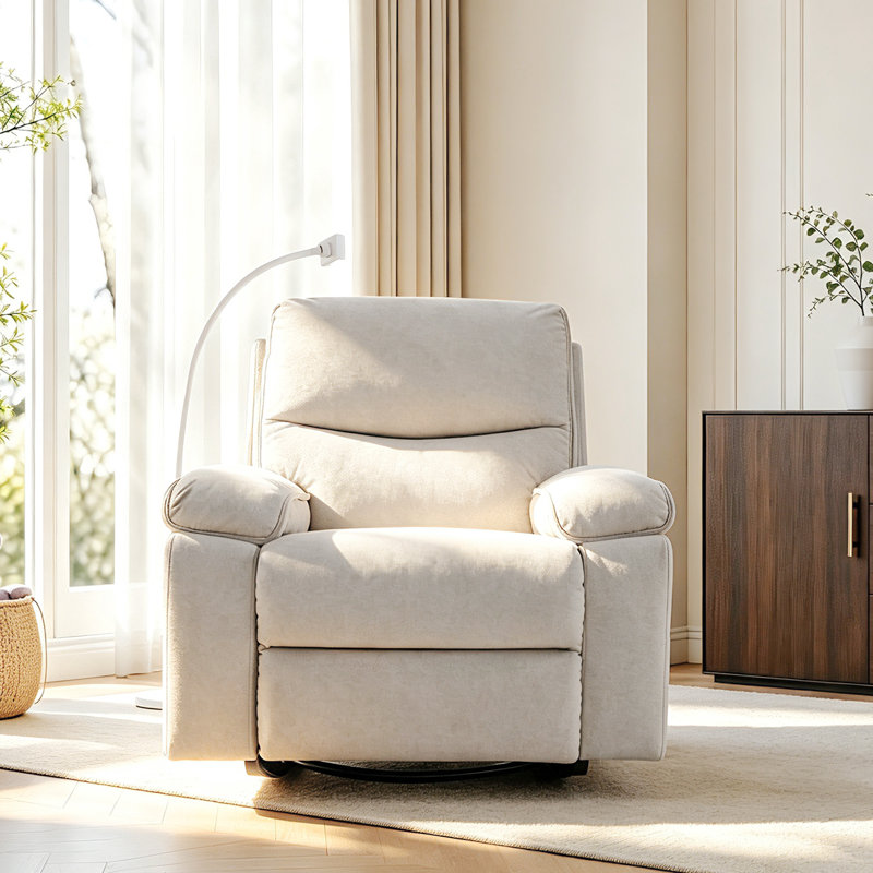 Fauteuil inclinable pivotant à bascule Anabella surdimensionné en velours avec support pour téléphone, fauteuil inclinable à bascule extra épais et rembourré, fauteuil lounge capitonné, beige, beige