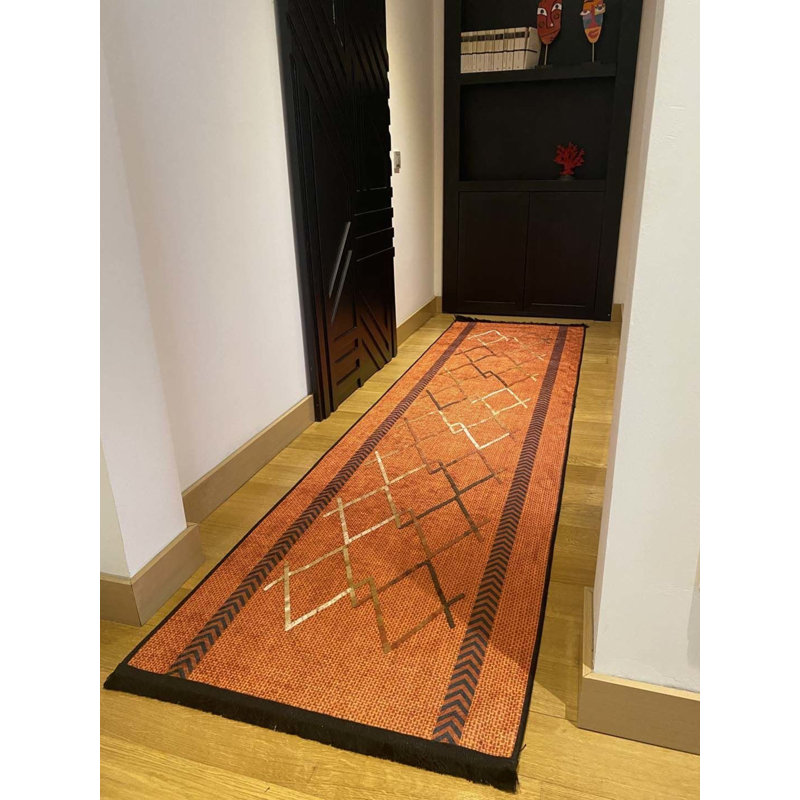 Coton imprimé marocain orange Lashia; Tapis chenille antidérapant, Tapis de couloir 3 pi 3 po x 9 pi 2 po