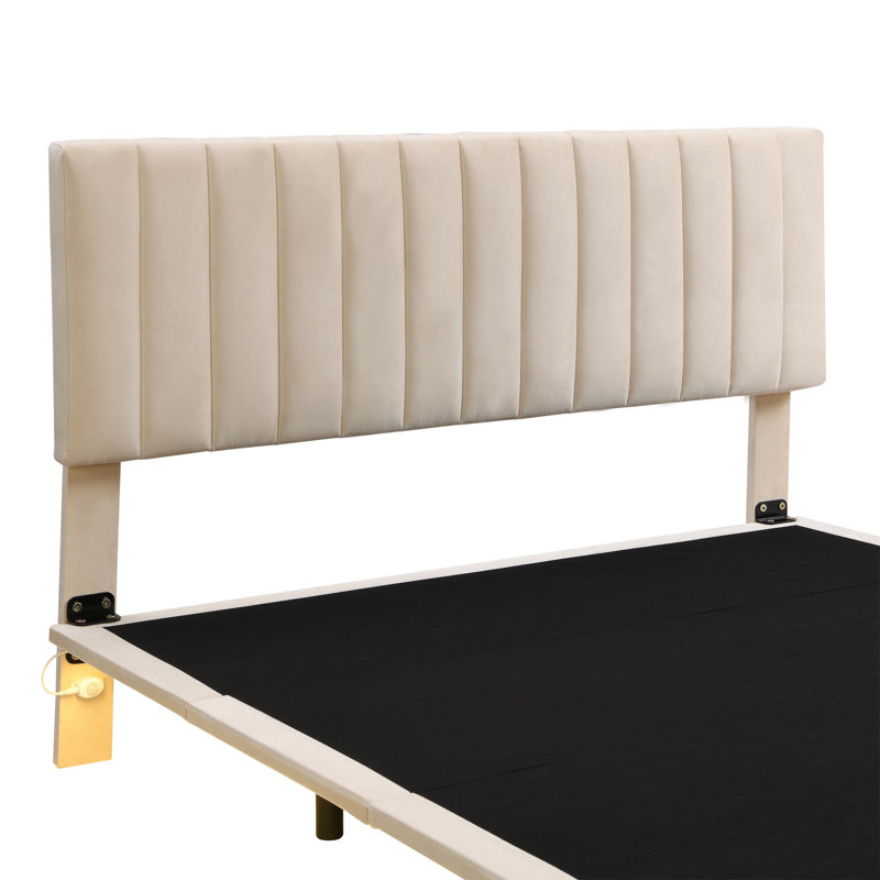 Grand lit tapissier avec capteur de lumière et tête de lit, lit plateforme en velours flottant, Beige