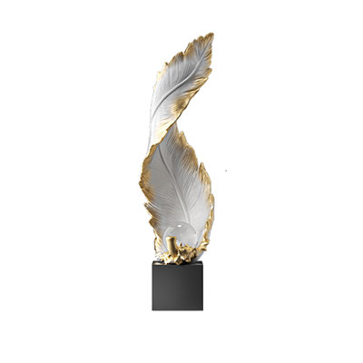 Light Luxury Resin Feather Sculpture, White Gold Gradient Tabletop Ornament with Crystal Ball & Black Base