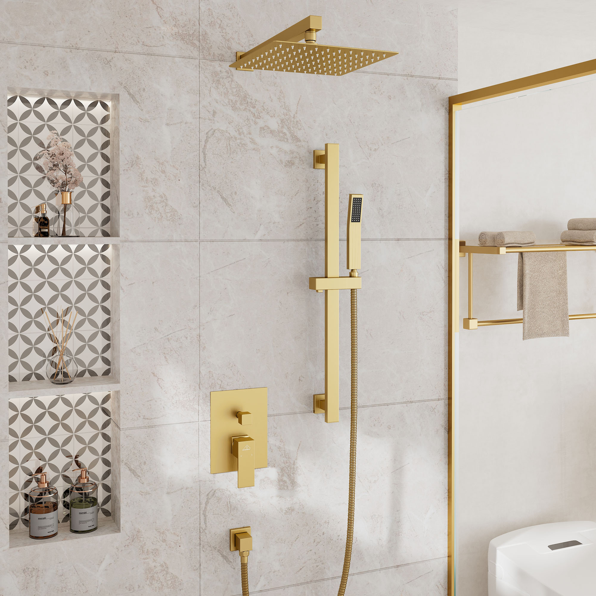 Slidea Complete Rainfall Shower System with Rough in-Valve and Slide Bar, Brushed Gold