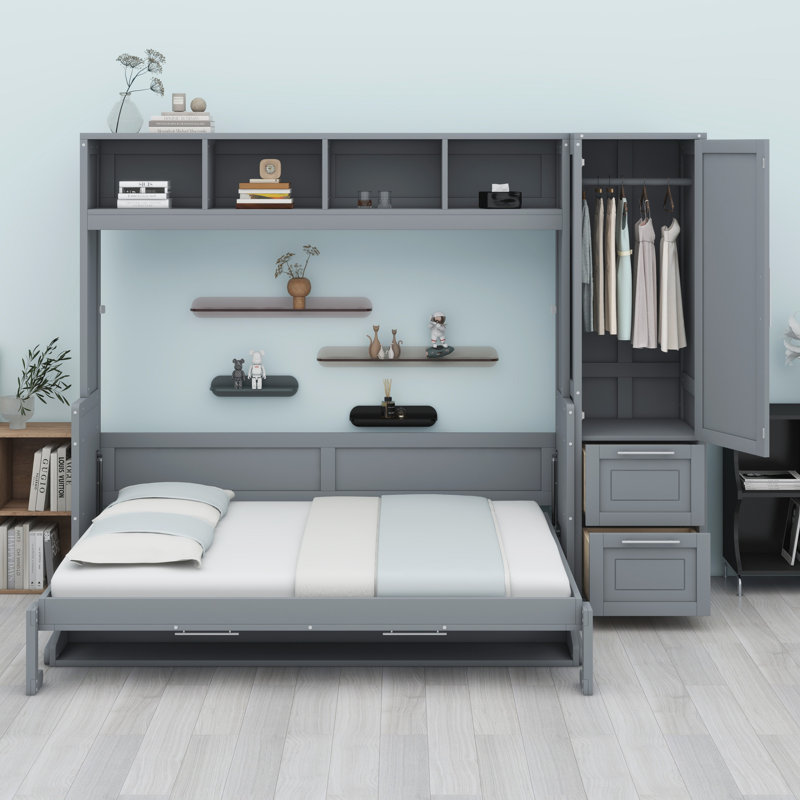 Lit escamotable Murphy avec placard et tiroirs, Gris