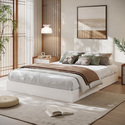 Cadre de lit plateforme en bois, format California King, profil bas – Sans tête de lit, lattes robustes, silencieux et montage facile – Blanc