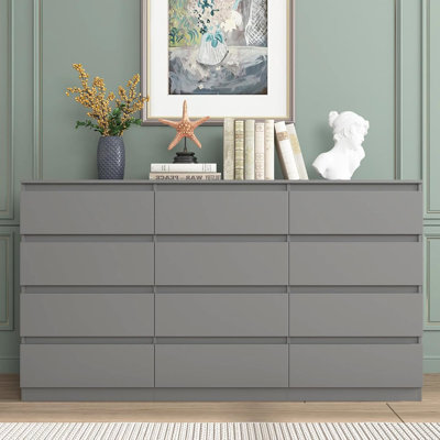 Commode 12 tiroirs Mid-Century pour chambre à coucher avec poignée cachée - gris