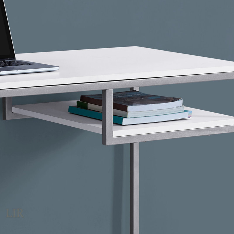 Contemporary White Laminate Computer Desk With Grey Metal Legs, Spacious Top And Open Storage For Modern Home Offices.