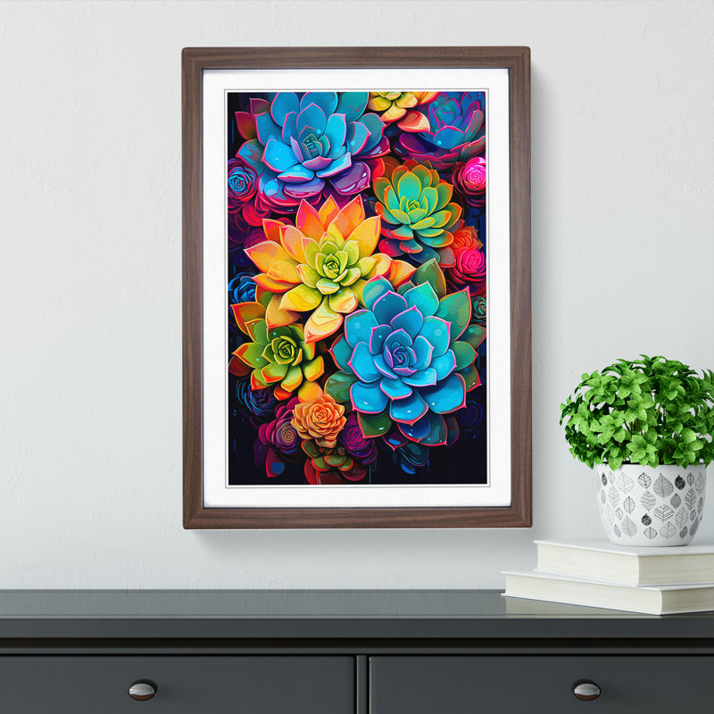 Succulent Pop No.2 - Single Picture Frame Print on Wood, 46cm H x 34cm W x 2cm D, Walnut