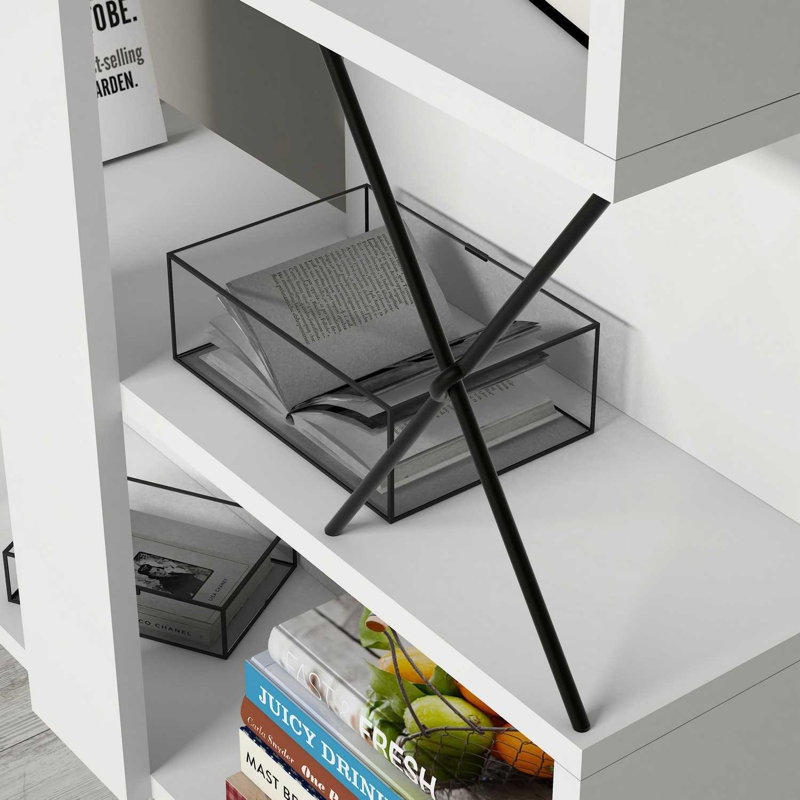 Modern White Bookshelf, 5 Shelves, 35.4 x 65.9 x 8.7 inches | 100% Melamine Coated Particle Board, Thickness: 0.7 inches | Wall-Mountable, Geometric Design, Perfect for Home or Office Organization