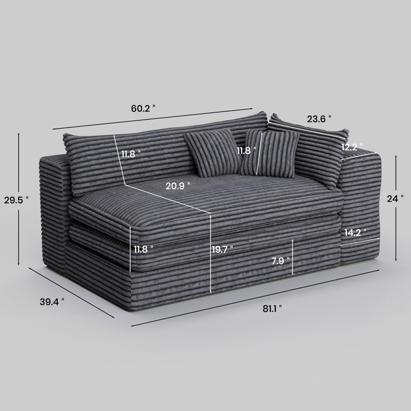 Boneless Upholstered Boneless Sofa Corduroy Sponge Cloud Sofa Chaise Compression, Gray