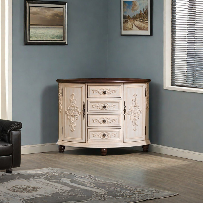 Rustic Corner Cabinet with Vintage Handles, Off White