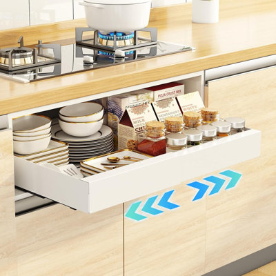 Pull Out Tray Drawer for Cabinets (12.2"-20.3") Expandable Cabinet Organizer 3 Slide Rails Slide Out Shelf for Cabinet Organizer with Adhesive Nano Film (White)