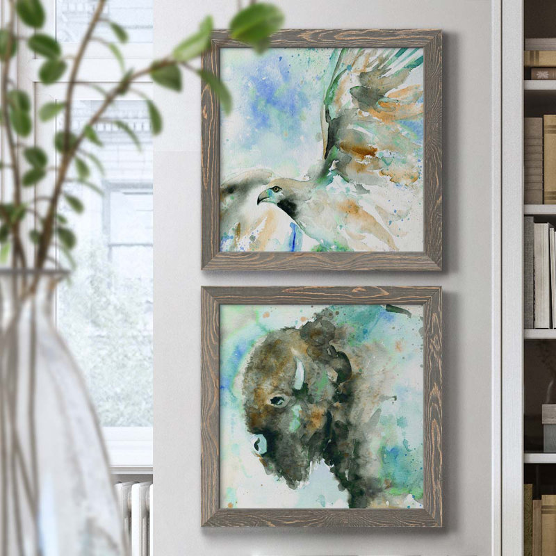 Hawk On Blue - Ensemble de 2 peintures sur toiles, Toile avec cadre gris, H 20 po x l 40 po x P 1,5 po